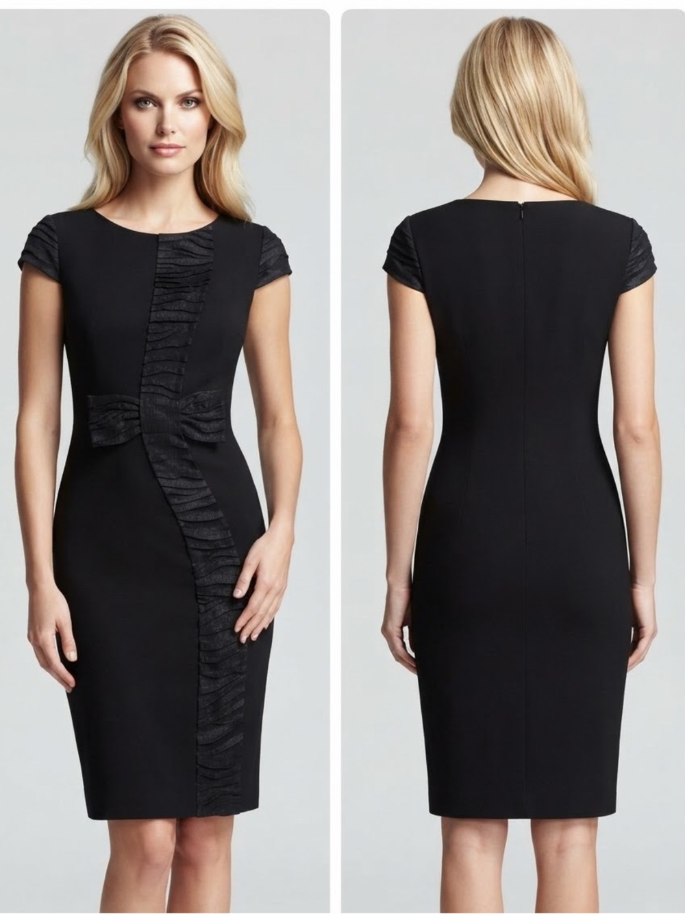 Black Cap Sleeve Sheath Dress with Front Textured Bow Accent Zebra-Print Stripe